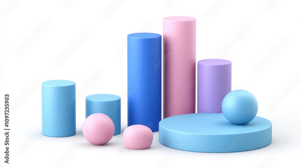 Poster A colorful arrangement of geometric shapes, including bars and spheres, representing data visualization.