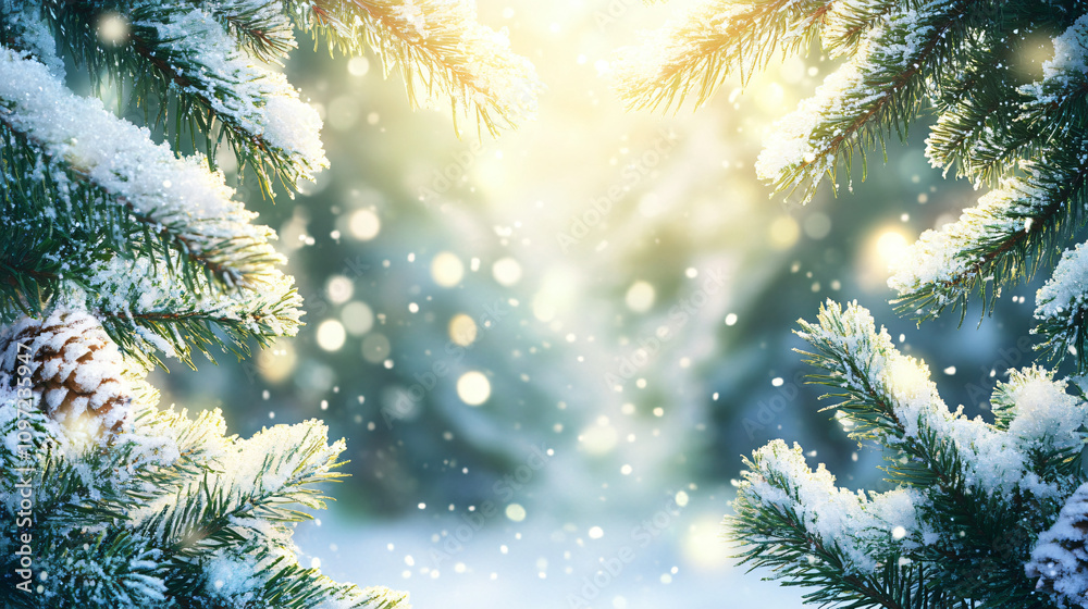 Aufkleber Sunlight illuminates snow-covered pine branches and softly falling snowflakes, creating a serene and magical winter wonderland