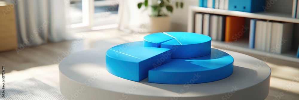 Aufkleber a modern blue pie chart model displayed on a table in a bright interior setting.