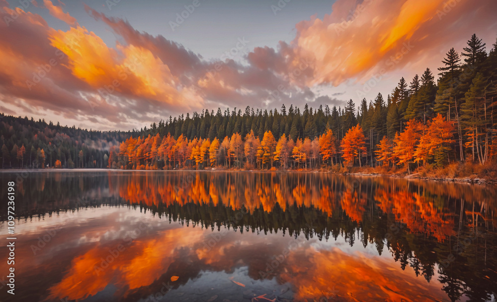 Aufkleber a beautiful autumn day with a lake in the background. the sky is filled with clouds and the sun is s