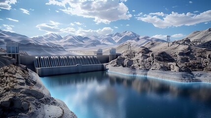 Obraz premium Largescale dams desert landscapes with infrastructure in use featuring reinforced concrete and innovative water management systems