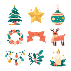 Christmas elements set. Vector icons illustrations collection isolated on white. Christmas tree, star, сhristmas tree toy, wreath, bow, deer, garland, branch, candle.