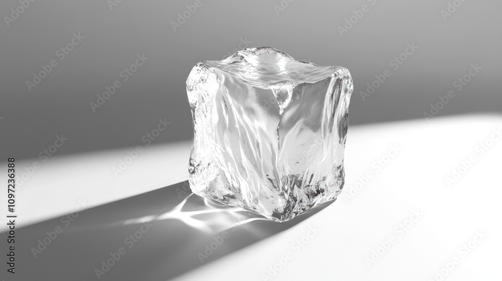 Poster a single translucent ice cube sits on a white surface