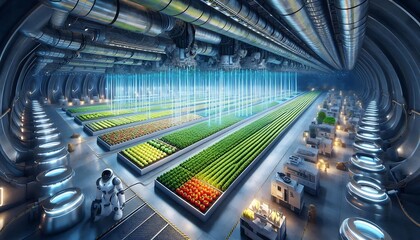 an underground farming facility with advanced grow lights and robotic harvesters