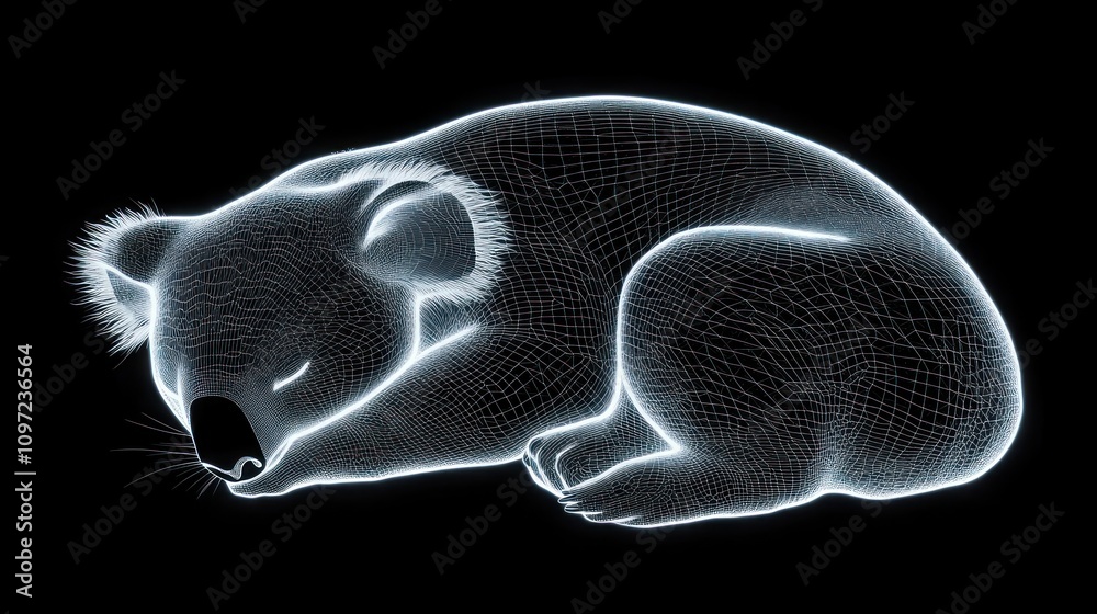 Poster a glowing wireframe representation of a sleeping koala.