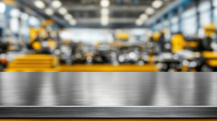 A blurred workshop background features a shiny metallic surface, emphasizing an industrial setting filled with equipment and tools.