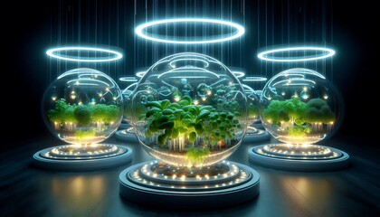 an aeroponic system growing plants inside translucent spheres, illuminated by LED halos