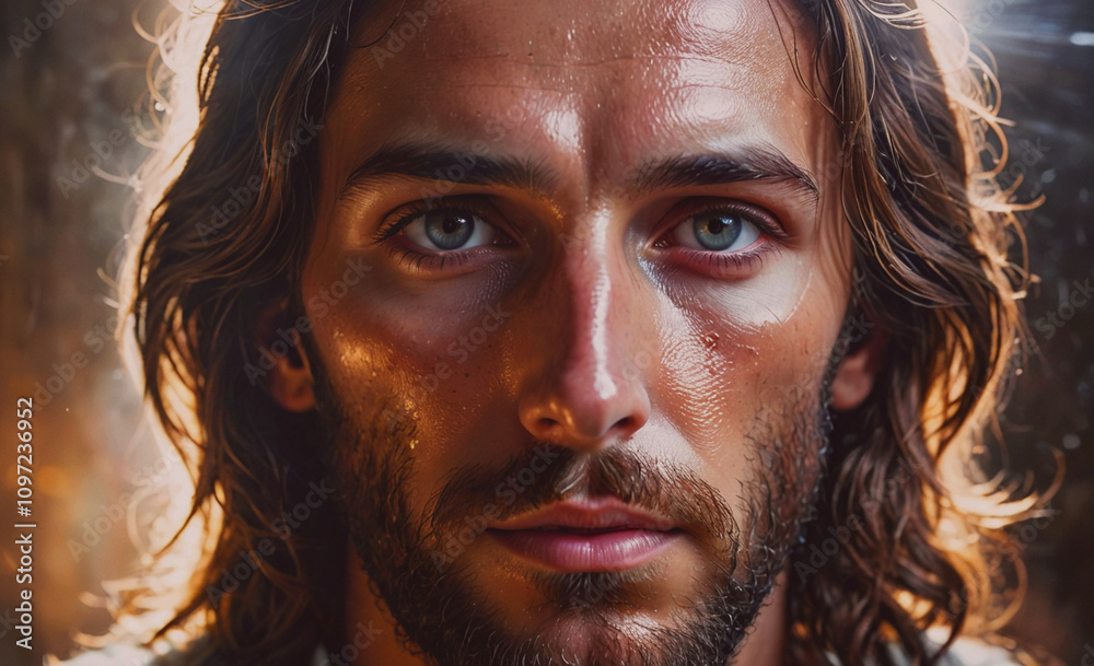 Poster a man with a beard and long hair is looking at the camera. the image has a warm and inviting mood, w