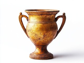 Antique trophy cup with handles, golden finish, isolated on white