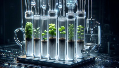 plants growing in nutrient-rich gel within transparent, ai monitored tubes