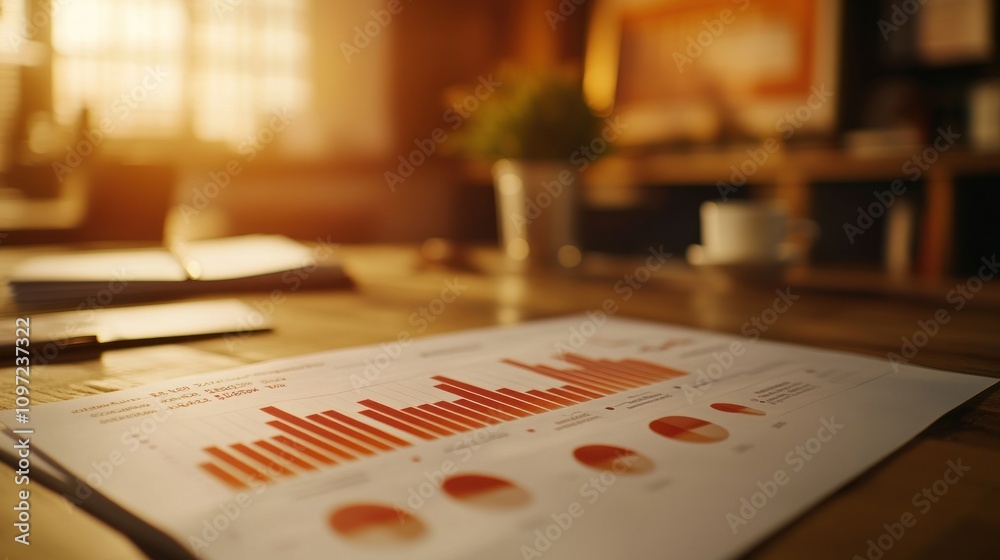 Poster A business report featuring bar graphs and charts on a wooden table in a warm-lit environment.
