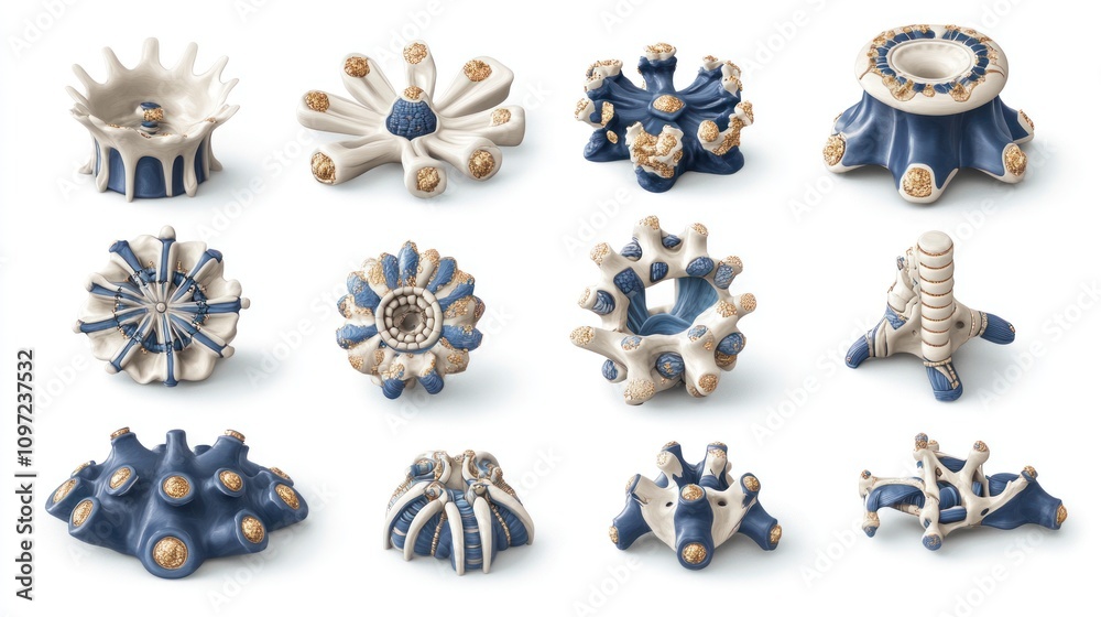 Aufkleber a collection of decorative ceramic objects featuring intricate designs and a blue and white color sc