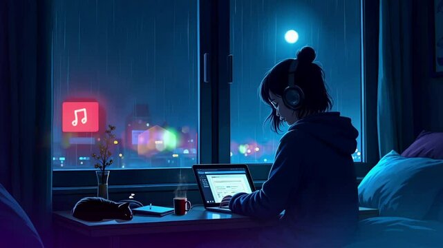 2D loop animation of a girl working in her room at night, listening to music while raining outside, sleeping cat