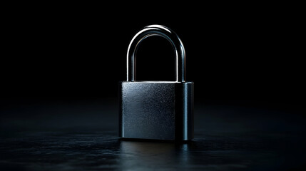 Fototapeta premium Close-up of a metallic padlock on a dark surface, reflecting light.