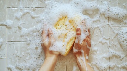 Freshly Cleaned Surfaces with Yellow Sponge and Bubbles in Water