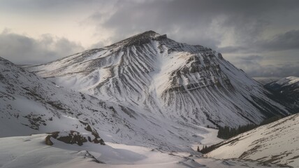 Snow-covered mountain and clear blue sky, showcasing winter serenity and rugged natural beauty.