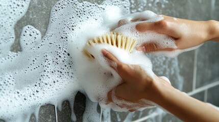 Fototapeta premium Cleaning the Bathroom with Soap and Brush on Tiled Surface