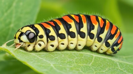 Fototapeta premium Colorful Caterpillar on Leaf with Striking Yellow and Black Stripes