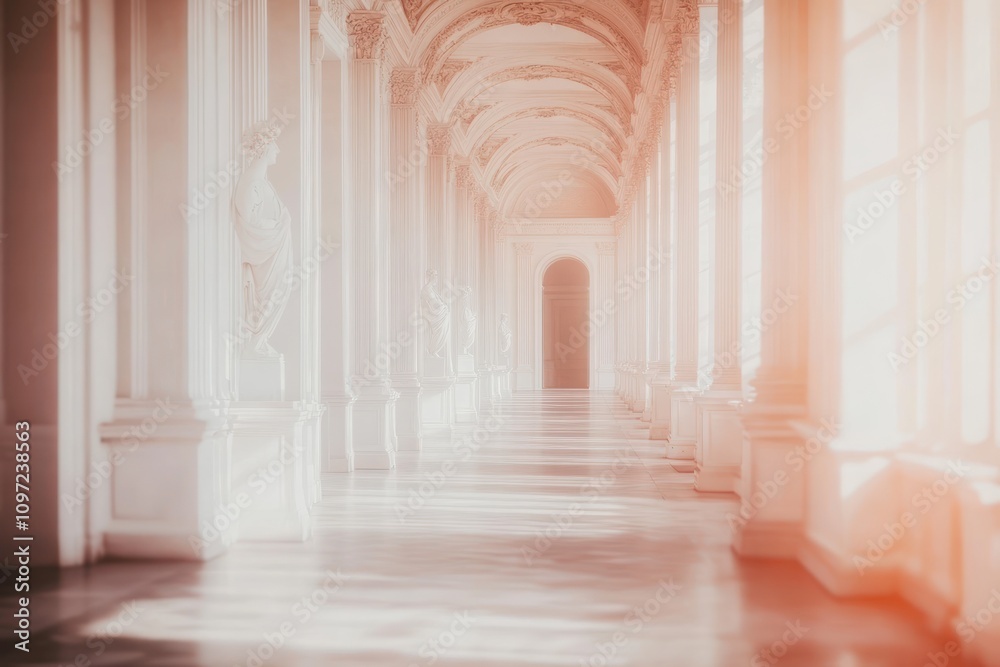 Fototapete a serene corridor with classical architecture and statues, illuminated by soft light.