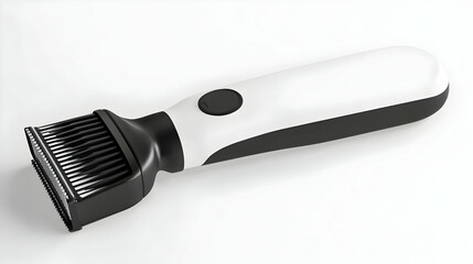 Obraz premium Close-up of a modern, sleek handheld cleaning brush with black bristles and a white ergonomic handle isolated on a white background.