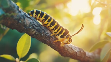 Obraz premium Colorful Caterpillar Crawling on Branch with Soft Sunlight Background