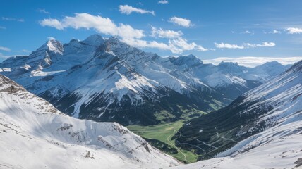 Snow-covered mountain and clear blue sky, showcasing winter serenity and rugged natural beauty.