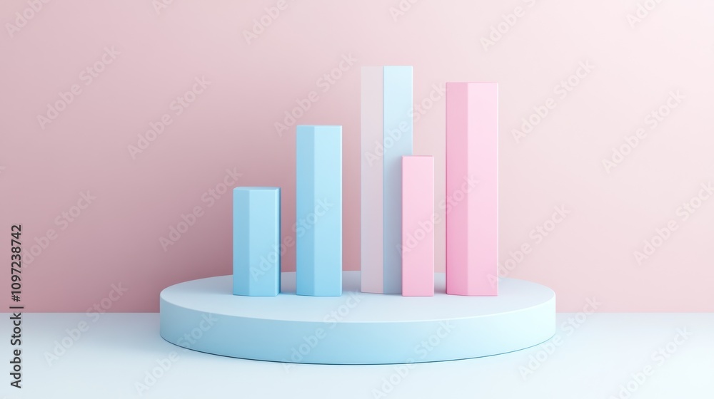 Fototapete A 3D bar graph in pastel colors on a circular base, representing data visualization.