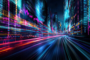 Obraz premium Futuristic City Nightscape With Colorful Light Trails and Data Overlays