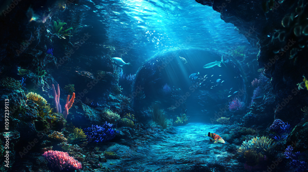 Poster sunbeams shine on a lively coral reef teaming with marine life in an underwater cave, creating a stu