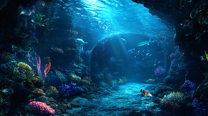 Fototapeta premium Sunbeams shine on a lively coral reef teaming with marine life in an underwater cave, creating a stunning natural display