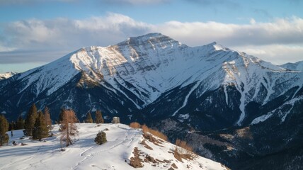 Fototapeta premium Snow-covered mountain and clear blue sky, showcasing winter serenity and rugged natural beauty.