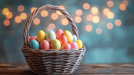 Vibrant Easter Eggs in a Woven Basket Against a Bokeh Background