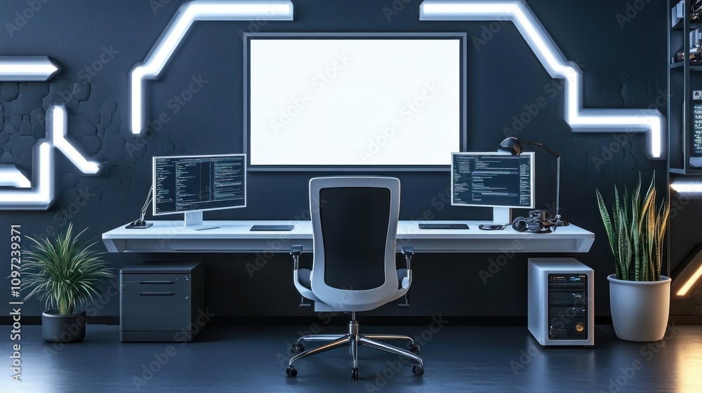 Poster Modern Programmer Workstation With Dual Monitors And Blank Screen
