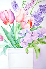 Obraz premium Colorful arrangement of tulips and lilacs in a white vase, symbolizing spring and fresh blossoms, brightening up any space with vibrant floral beauty.