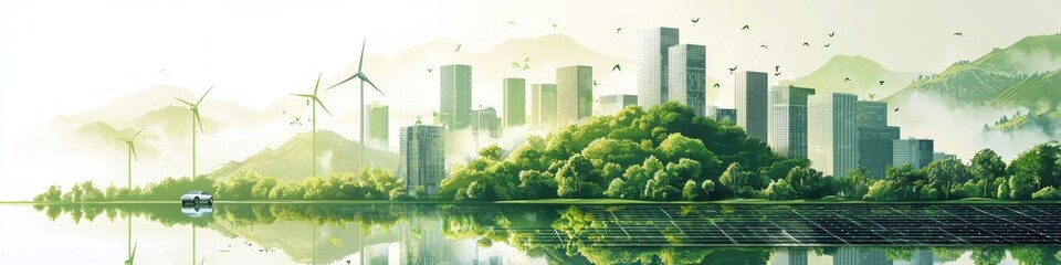 Fototapeta premium Green cityscape with sustainable energy solutions and nature