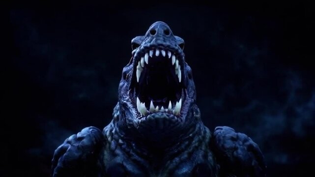 Fierce dragon roaring in a dark, fantasy-themed environment.