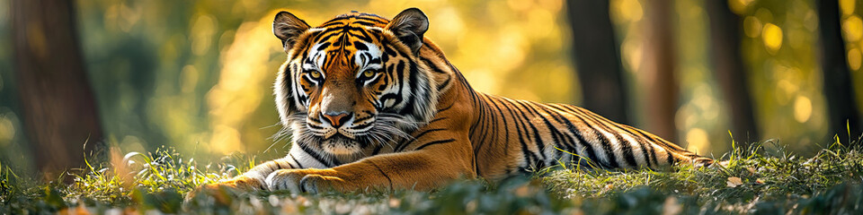 Fototapeta premium A majestic tiger resting on the grass, eyes fixed on the distance.