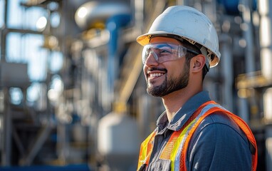 Fototapeta premium Smiling industrial worker wearing safety gear at construction site