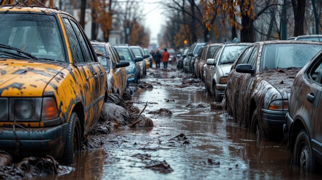 Carros cobertos por uma camada espessa de lama e detritos testemunham a for&ccedil;a destrutiva de uma enchente urbana. A imagem revela as consequ&ecirc;ncias das mudan&ccedil;as clim&aacute;ticas