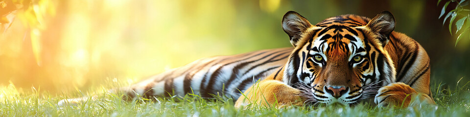 Fototapeta premium A majestic tiger resting on the grass, eyes fixed on the distance.
