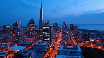 Obraz premium Generative AI, Dynamic Urban Skyline at Dusk