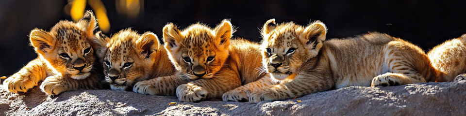 Obraz premium A group of lion cubs playing in the sunlight.