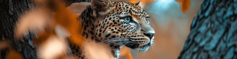 Obraz premium An elegant leopard in the shade of a tree, blending seamlessly into nature.