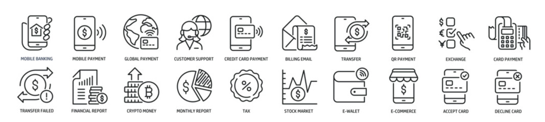 Set of line icons related to mobile banking, payment, e-money, cashless. Outline icons collection. Editable stroke. Vector illustration.