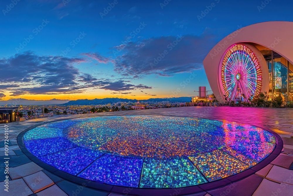 Aufkleber a vibrant evening view featuring a colorful ferris wheel and a reflective pool.