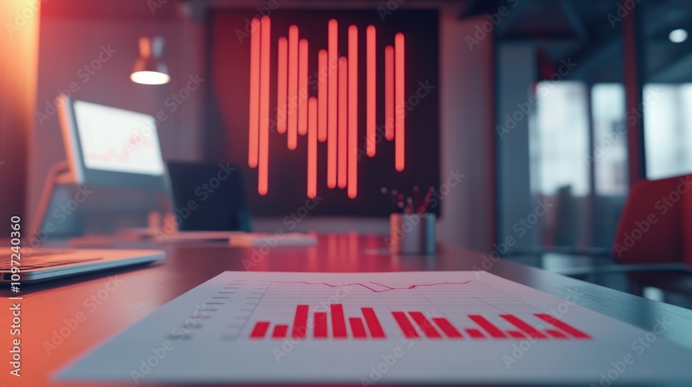 Aufkleber modern office workspace with data charts and vibrant lighting.