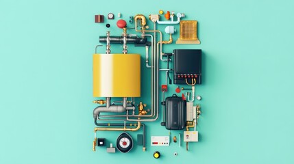 Fototapeta premium Colorful Plumbing and Heating Equipment Flat Lay on Turquoise Background