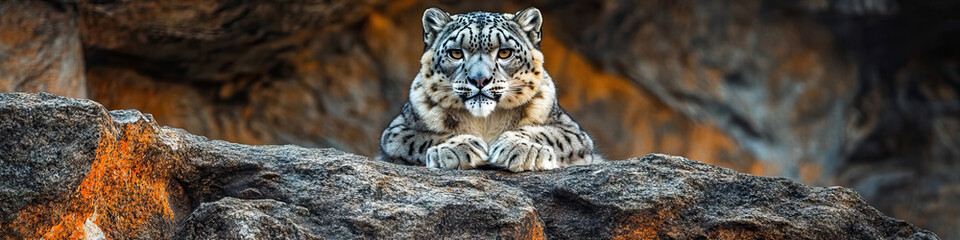 Fototapeta premium A rare snow leopard perched on a rock formation, staring directly at the camera.