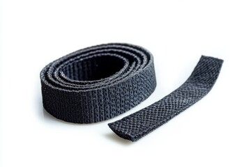 Black Velcro strap rolled and unrolled on white background