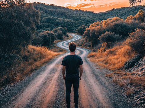 Jovem observa uma estrada sinuosa que se estende a sua frente. A imagem evoca a sensa&ccedil;&atilde;o de incerteza e expectativa diante de um futuro desconhecido